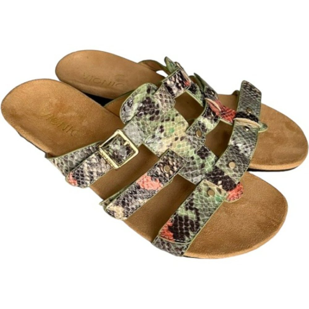 Vionic 381 Radia 3-Strap Wedge Sandals - Bluish/Brown/Salmon - 8 Wide